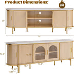 MXV 70" Fluted TV Stand for TVs up to 80", Mid Century Modern Entertainment Center with Sliding Doors & Glass Door, TV Console Table with Faux Marble Top for Living Room, Oak