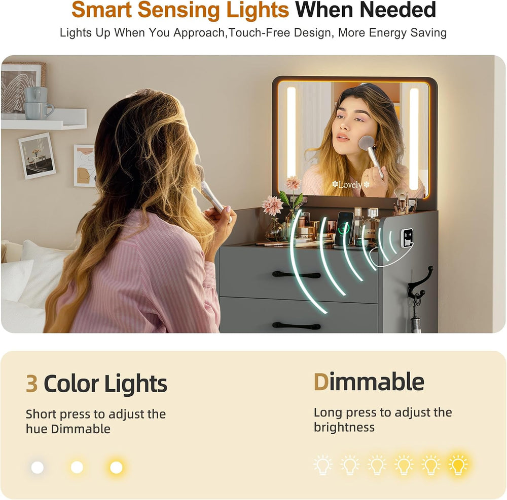 Lvifur 3 in 1 Vanity with Mirror and Sensor Lights,Charging Station,Grey | Gl...