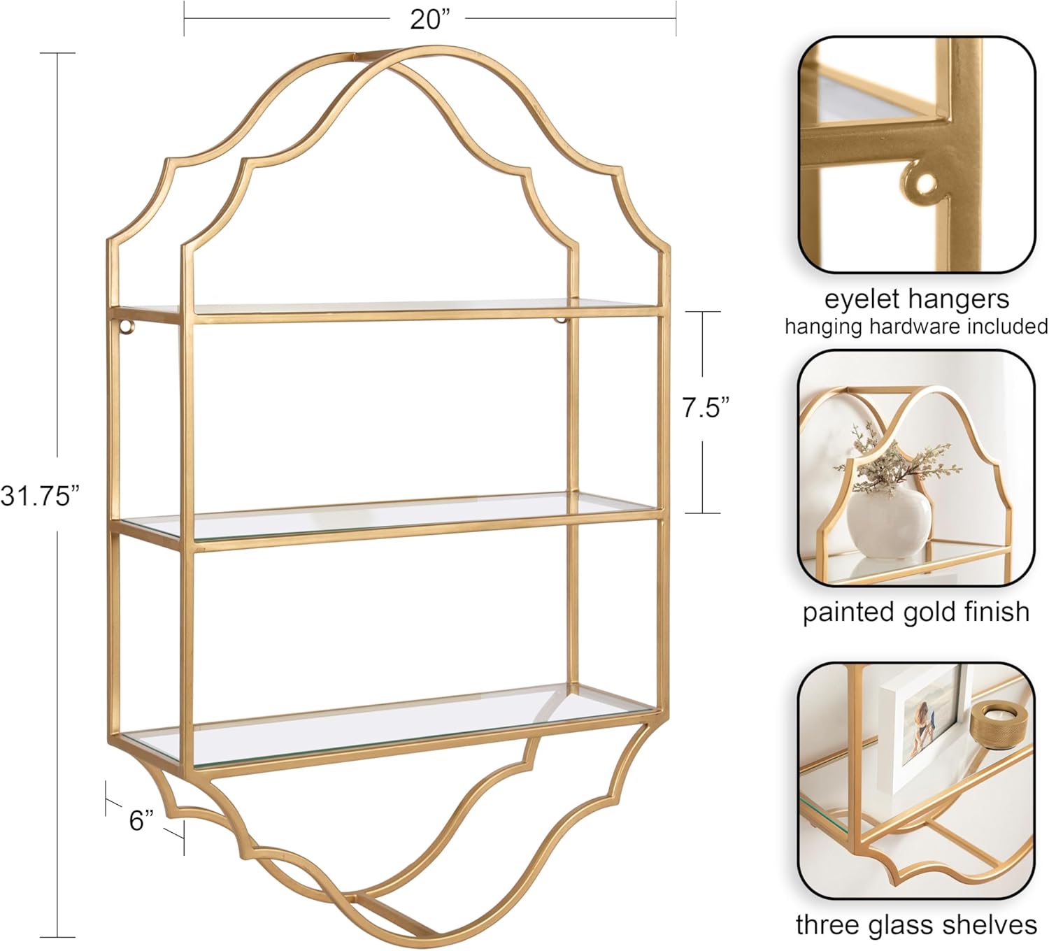 Kate and Laurel Leanna Scalloped Three-Tiered Wall Shelf, 20 x 32, Gold, Decorative Floating Shelf Storage and Wall Organizer for Bathroom Over Toilet Storage or Display