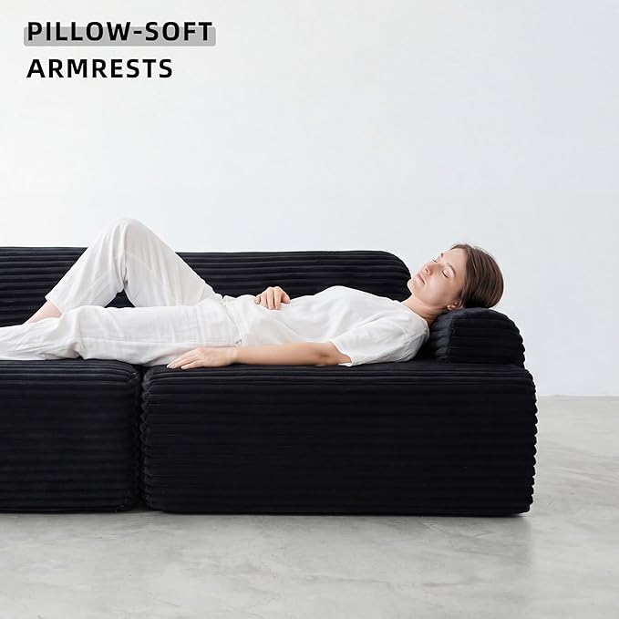 Modular Floor Sofa, Cozy Corduroy Sectional Couch with Fully Washable Covers, Frameless L Shaped Couch for Living Room, Family & Pet Friendly Lounge, No Assembly (Black, Right Facing Chaise)