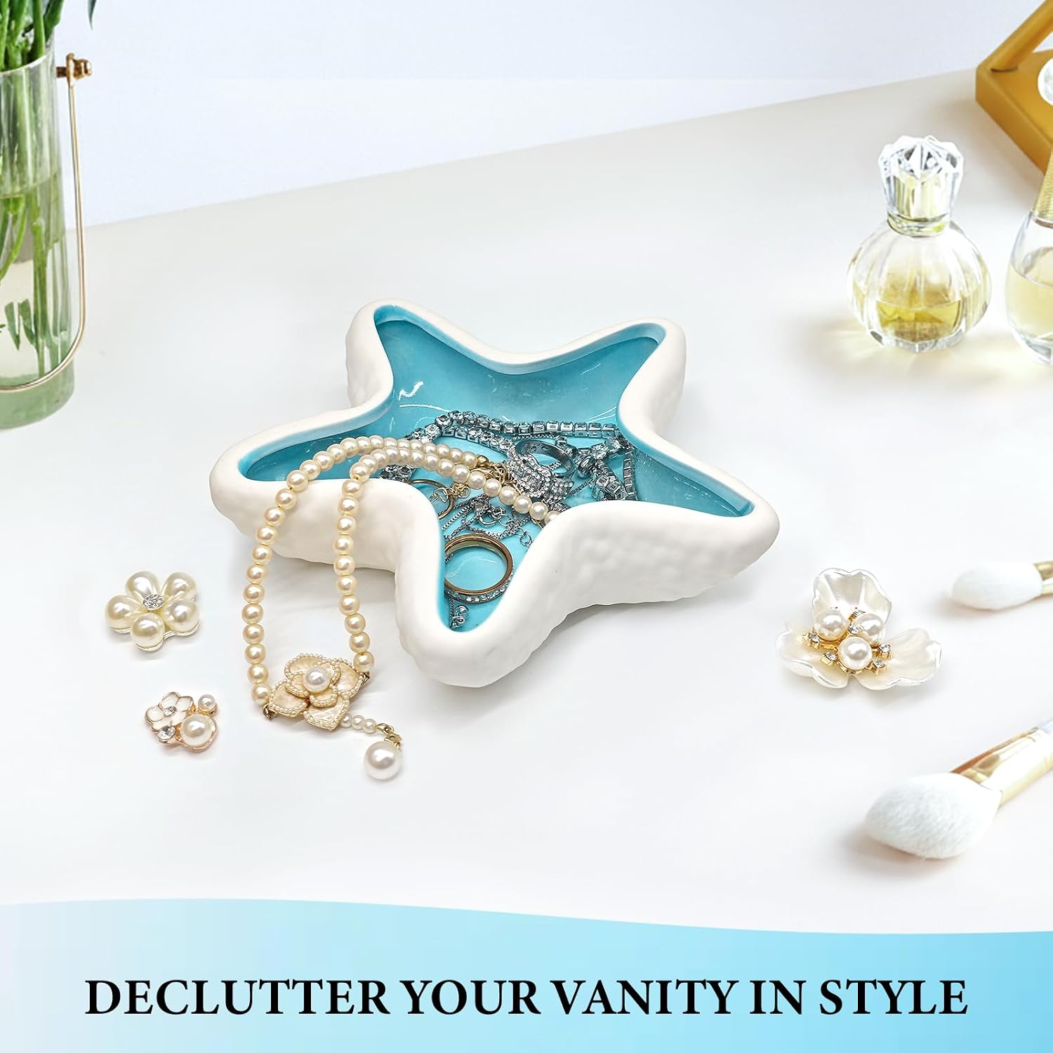 Starfish Jewelry Dish for Coastal Bathroom Decor, Ceramic Trinket Tray and Ring Holder with Glossy Blue Glaze, Beach Decor for Bedroom or Guest Room, Gift for Women