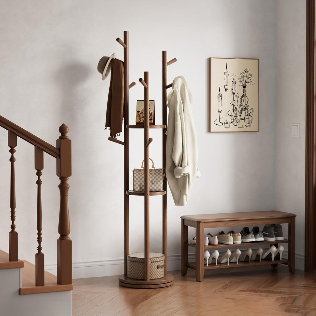 Muwuele Solid Wood Rotary Coat Rack, Freestanding Coat Rack with 3 Shelves and 9 Hooks, Coat tree for Bedroom, Entryway, Livingroom, Coat Hanger Stand for Coats, Scarves, Handbags (Walnut)