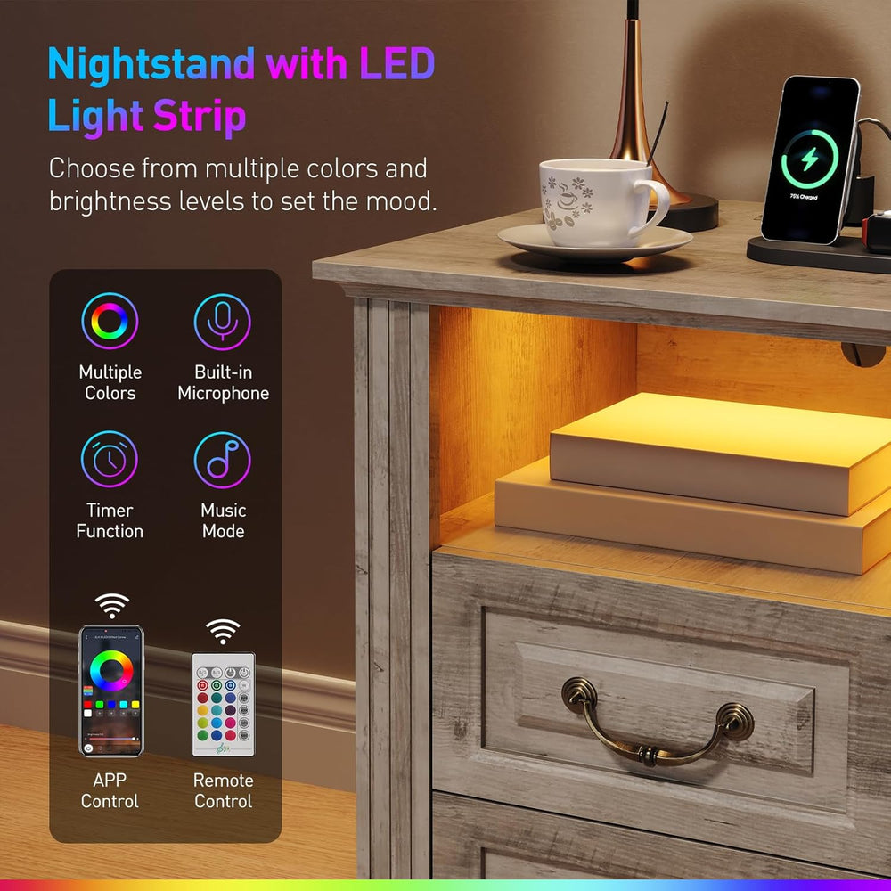 RALGEND Farmhouse End Table with 2 Drawers, Nightstand with Charging Station,...