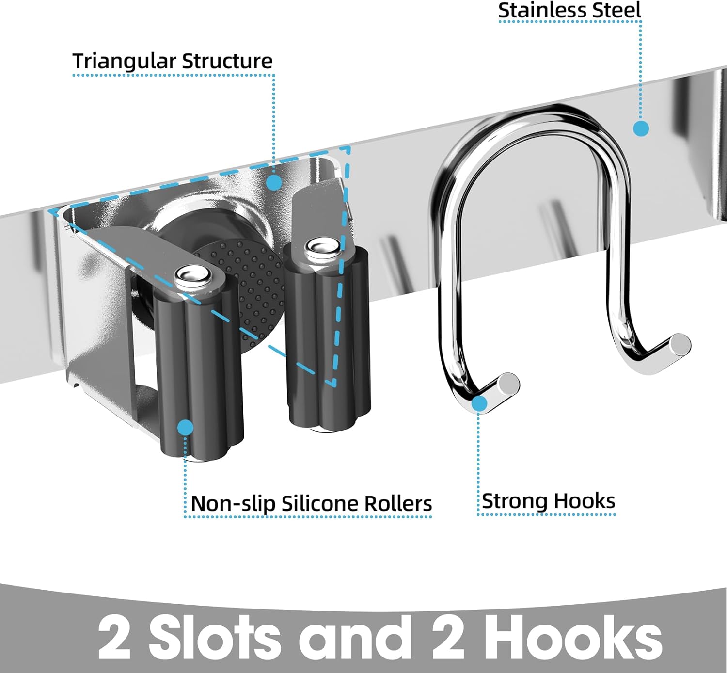 Broom Holder Wall Mount, 2-Pack Stainless Steel Mop and Broom Organizer, Broom Hanger with 2 Slots 2 Hooks for Home Kitchen, Garage, Garden and Laundry Room, Silver