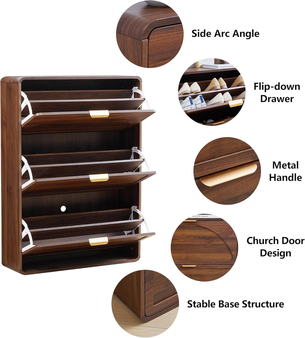 Hidden Shoe Cabinet with Drawer, Free Standing Narrow Shoe Rack Cabinet for Entryway Slim, 3 Flip Drawer Shoe Storage Organizer Cabinet for Entry,Hallway,Door,Dorm,Small Spaces - Walnut