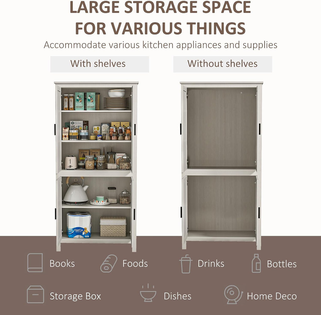 HOMCOM 64" Kitchen Pantry Cabinet Freestanding with 4 Doors Antique White | Storage Cabinet, 3 Adjustable Shelves, for Dining Room