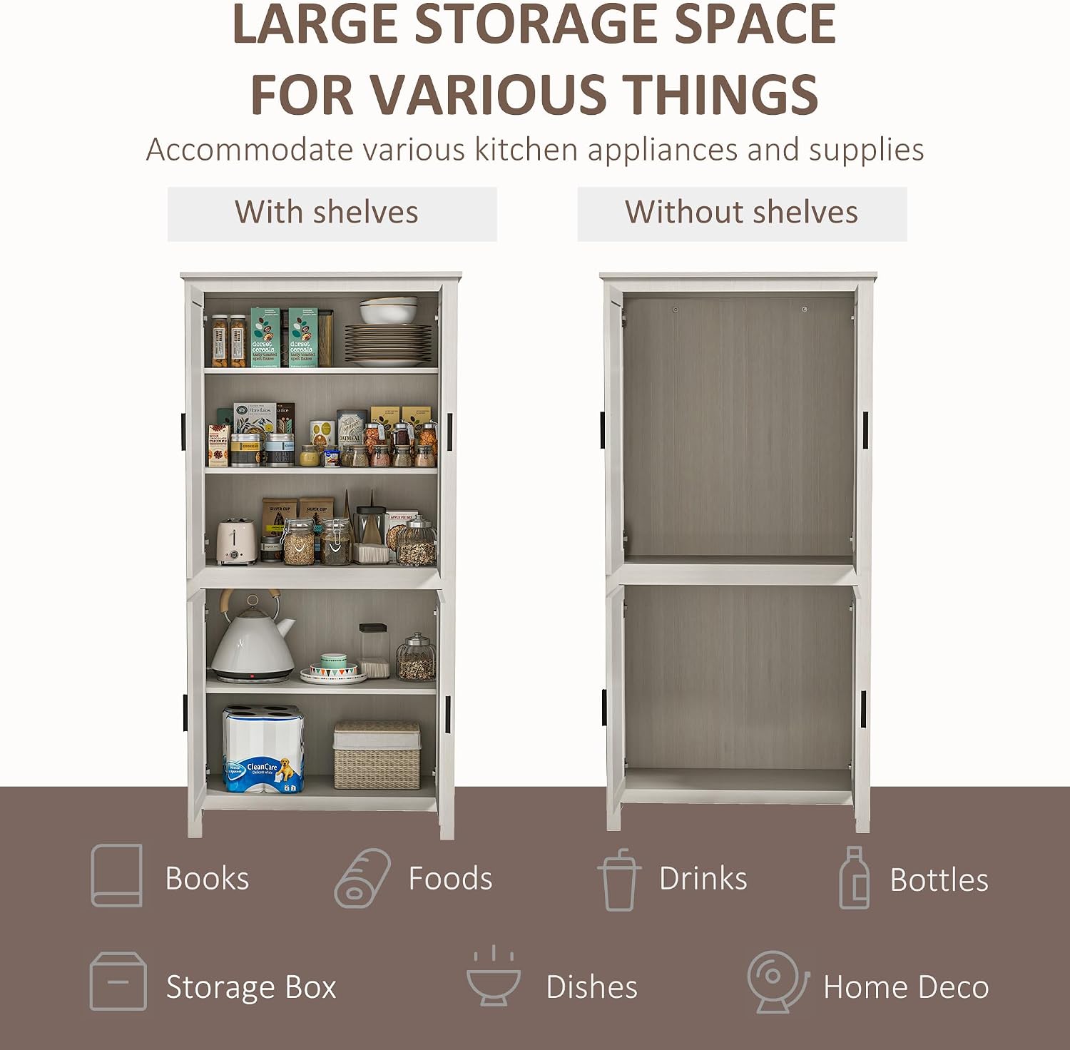 HOMCOM 64" Kitchen Pantry Cabinet Freestanding with 4 Doors Antique White | Storage Cabinet, 3 Adjustable Shelves, for Dining Room
