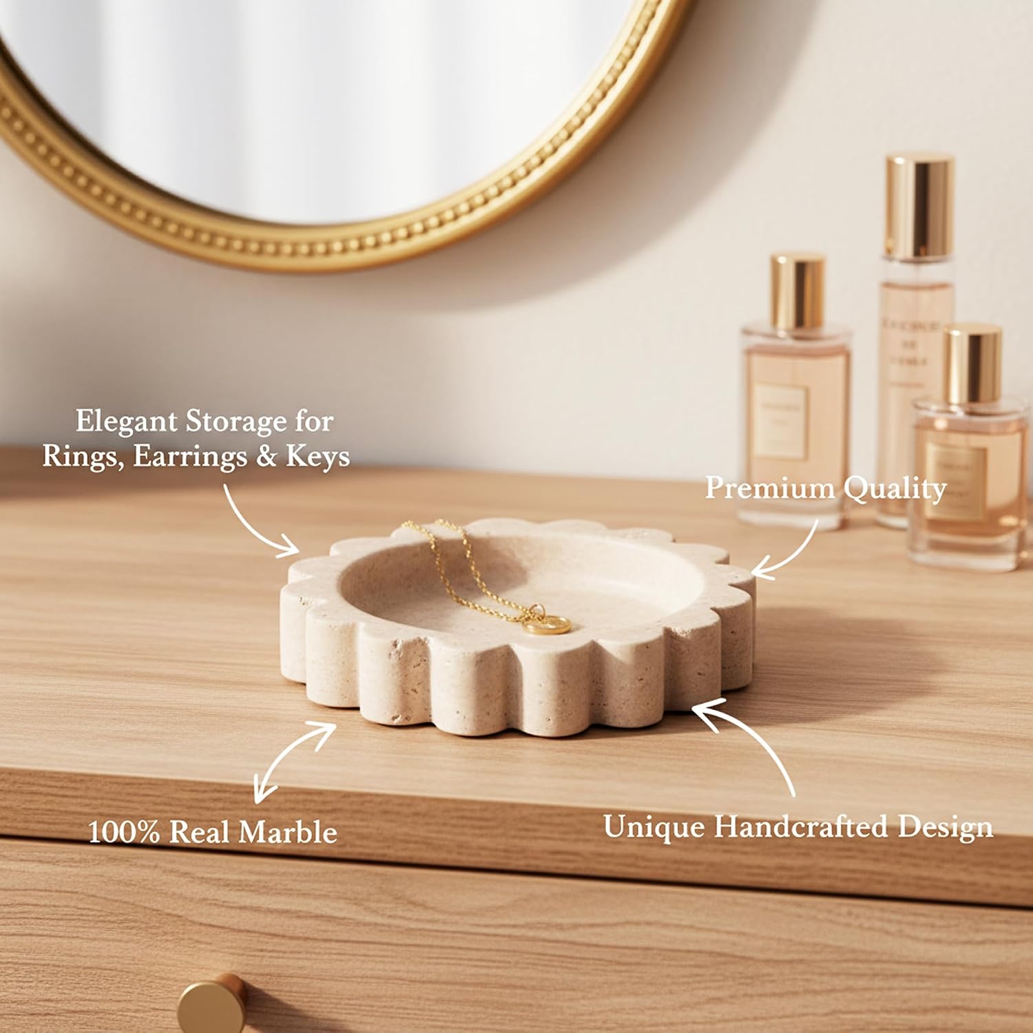 Marble Jewelry Dish 5.5 Inch Handmade Travertine Ring Holder - Trinket Tray for Keys, Earrings, Necklaces & Gifts for Women - Small Candle Dishes, Stone Jewelry Tray for Vanity Decor