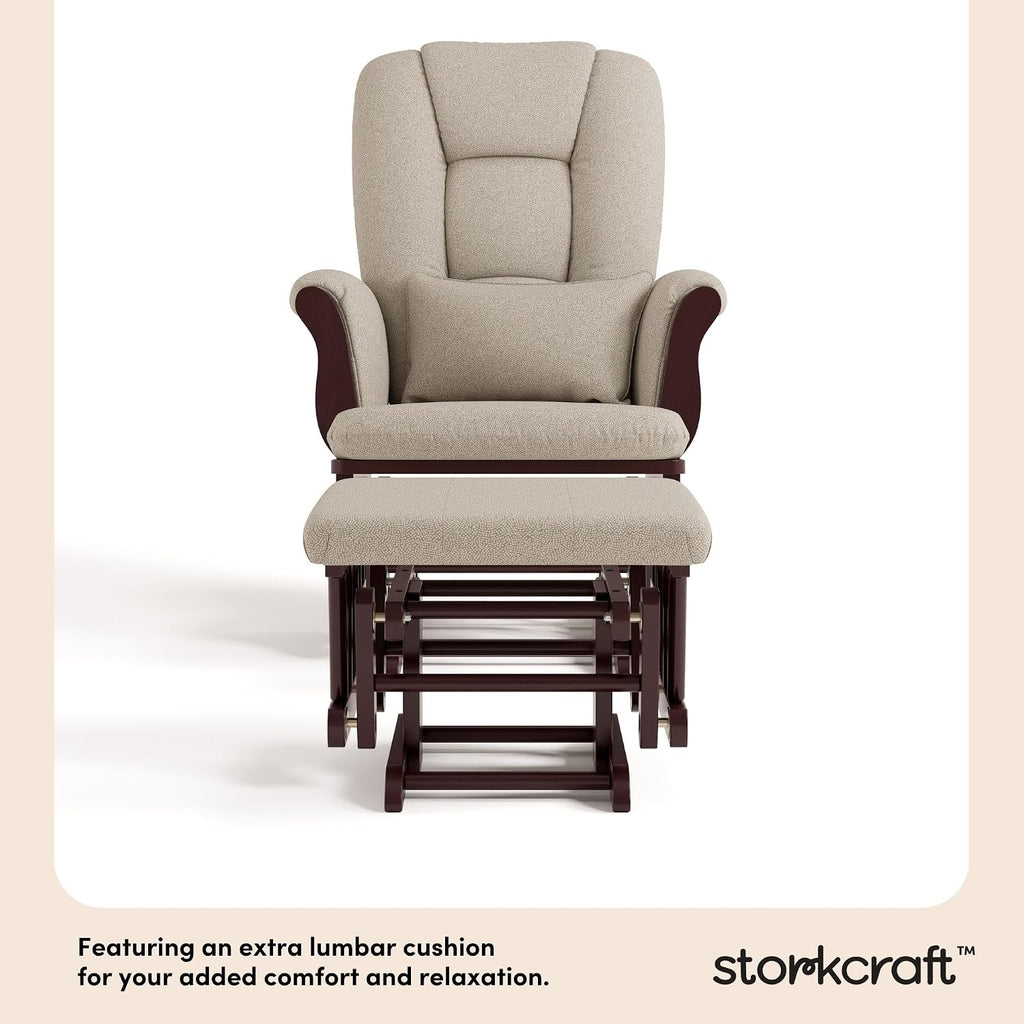 Storkcraft Tuscany Glider & Ottoman and Lumbar Pillow, Espresso/Taupe Swirl | GREENGUARD Gold Certified, Bonus Lumbar Cushion Included, Solid Wood Base, Smooth Motion, Award-Winning Nursery Rocking Chair