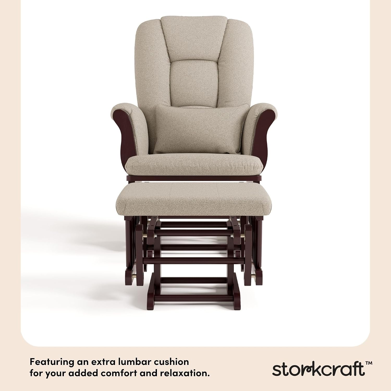 Storkcraft Tuscany Glider & Ottoman and Lumbar Pillow, Espresso/Taupe Swirl | GREENGUARD Gold Certified, Bonus Lumbar Cushion Included, Solid Wood Base, Smooth Motion, Award-Winning Nursery Rocking Chair