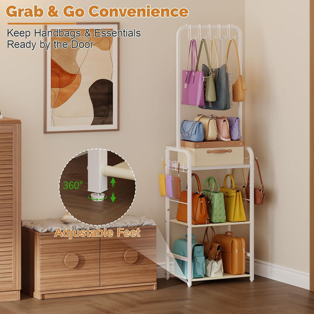 Tall Purse Organizer for Closet with 5 Purse Hanger & 6 Side Hooks, 4 Tier Floor-Standing Purse Rack Stand for Purse Storage, Narrow & High-Capacity Handbag Organizer, Backpack Storage for Small Place