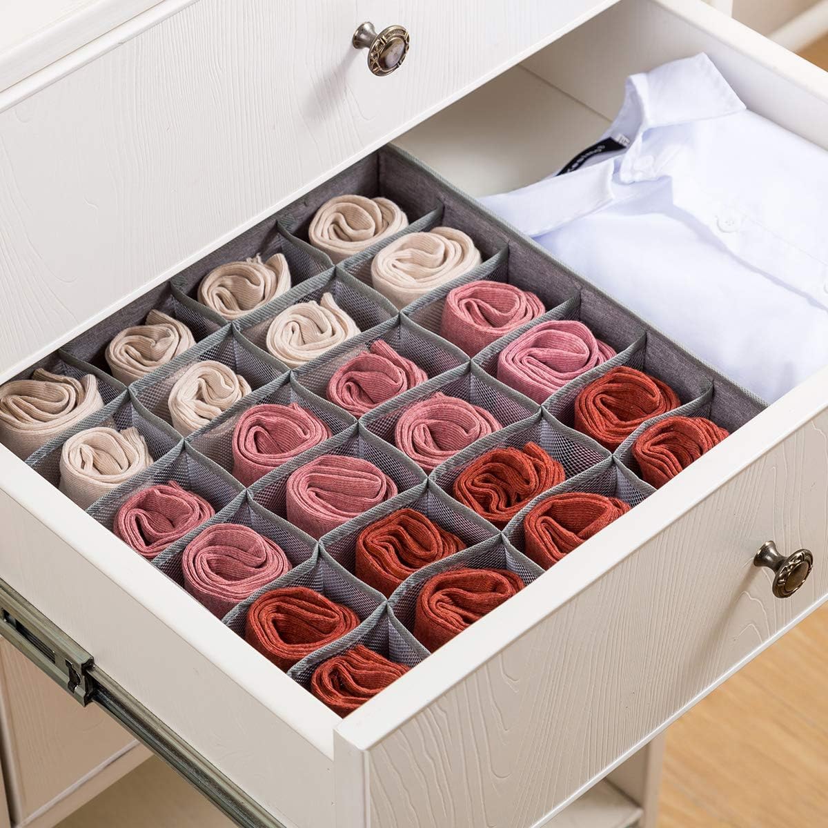 Qozary 2 Pack Socks Underwear Drawer Organizer Divider | 24 Cell, Collapsible, Cabinet Closet Organizer Storage Boxes, For Clothes, Socks, Lingerie, Underwear, Ties