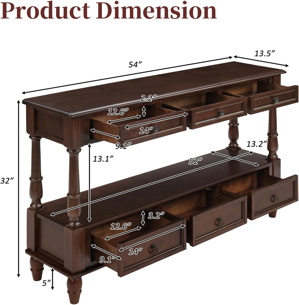 Vintage Solid Wood Console Table with 6 Drawers - 54" Hallway Sofa Table...