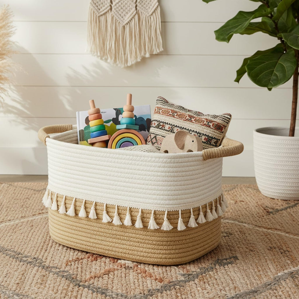 TeoKJ 2 Pack Woven Storage Bin, Cotton Rope Basket for Storage, Clothes Boho Basket Bin for Organizing, Fabric Basket for Books, Plants, Pet Treats, White & Jute