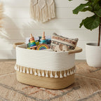TeoKJ 2 Pack Woven Storage Bin, Cotton Rope Basket for Storage, Clothes Boho Basket Bin for Organizing, Fabric Basket for Books, Plants, Pet Treats, White & Jute