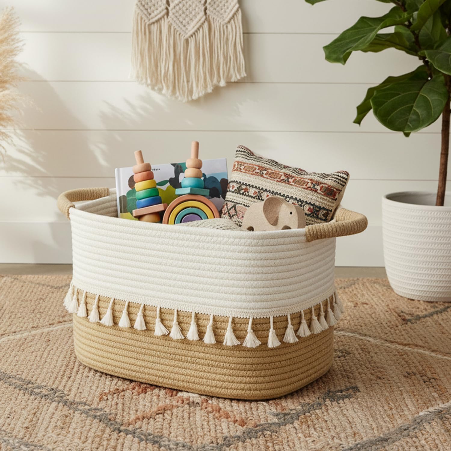 TeoKJ 2 Pack Woven Storage Bin, Cotton Rope Basket for Storage, Clothes Boho Basket Bin for Organizing, Fabric Basket for Books, Plants, Pet Treats, White & Jute