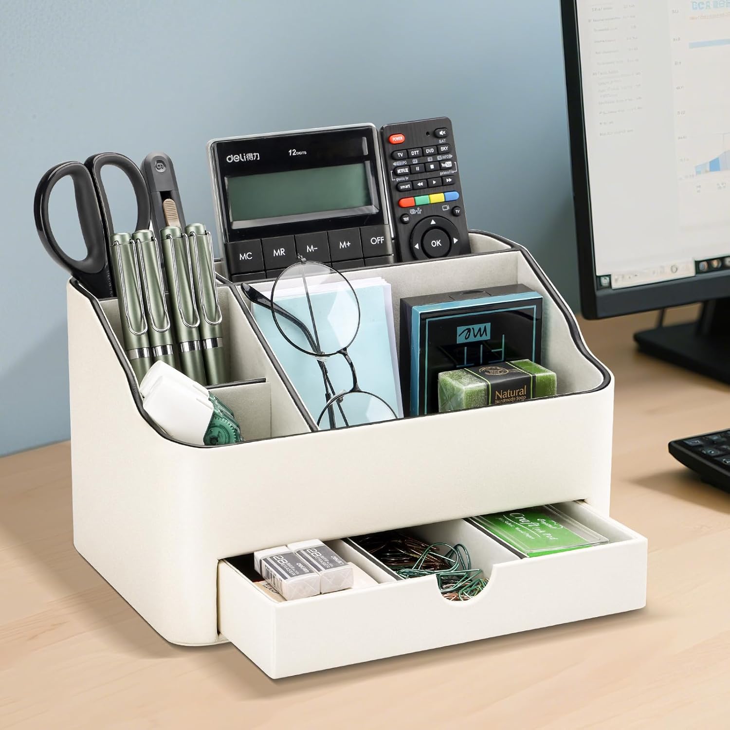 KINGFOM Desk Organizer with Drawer, Multifunction Pencil Holder for Desk, Desk Organizer and Accessories 5 Comparetments for Home Office Supplies (Ivory White)