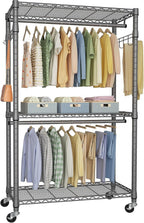 FUTASSI P1 Heavy Duty Garment Rack, 3 Tiers Adjustable Rolling Metal Closet Organizer with Lockable Wheels, FreeStanding Wardrobe with Double Hanger Rods & 1 Pair Hooks, Max Load 450 LBS, Gray