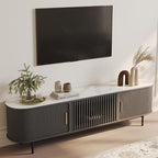 POVISON Fully-Assembled Sliding Tambour Door TV Stand, Mid Century Modern Sintered Stone TV Console, Wood Media Console for 75 Inch TV, Entertainment Center with Storage Cabinet(Black, 78.74")