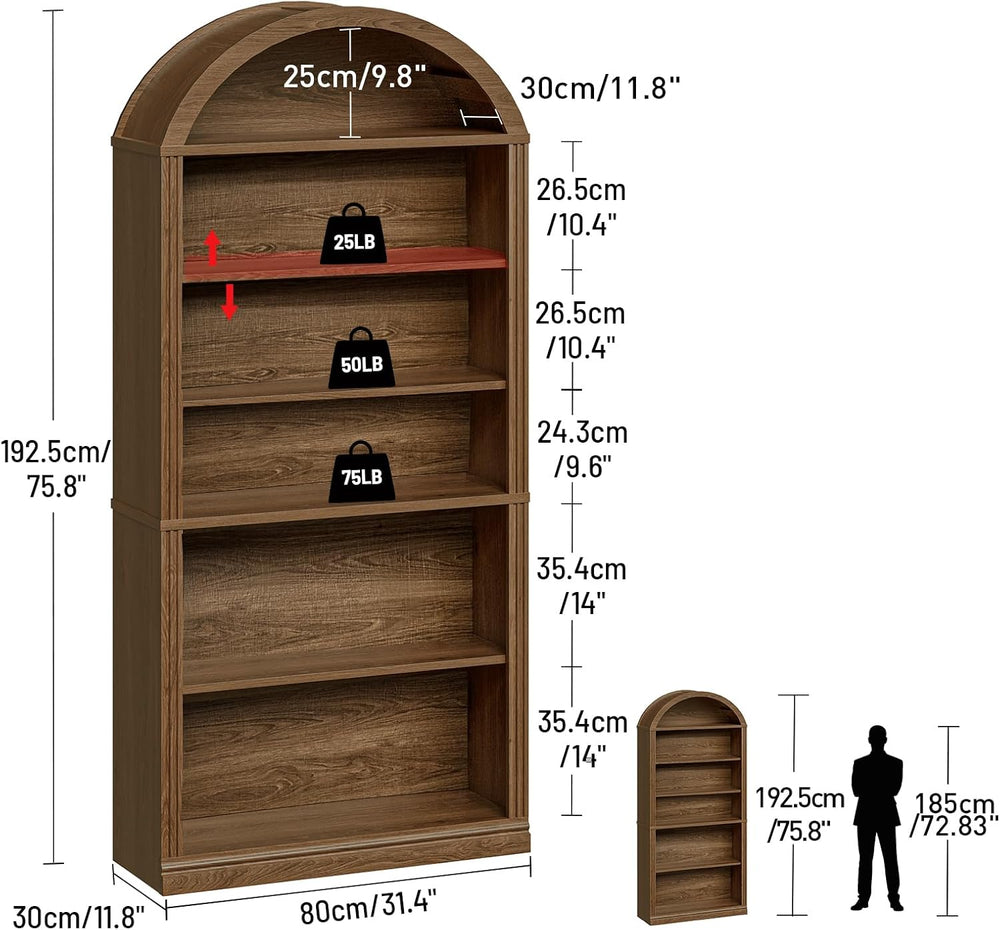 RALGEND Arched Bookshelf, 75.8" Tall Arch Bookcase with Storage, 6-Tier ...