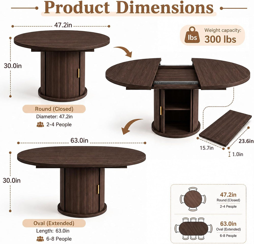 47 63" Extendable Round Wooden Dining Kitchen Table | 4-8 Seat Height Ad...
