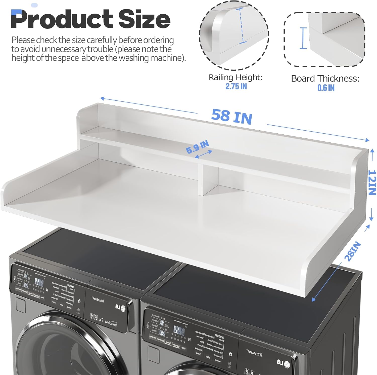 2-Tier Washer and Dryer Countertop with 2.75" H Guard,58" W x 28" D Laundry Countertop Cover with Non-Slip Pad,Large Space Laundry Topper for Folding Clothes Over Washer and Dryer-White