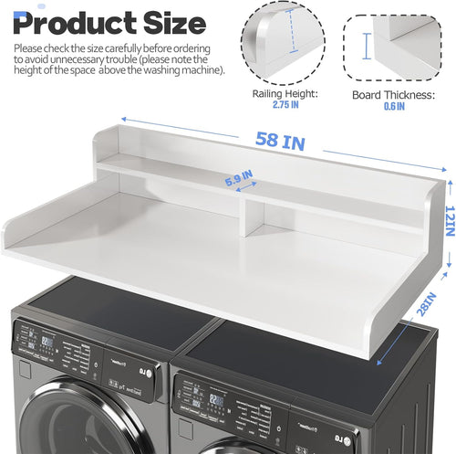2-Tier Washer and Dryer Countertop with 2.75" H Guard,58" W x 28" D Laundry Countertop Cover with Non-Slip Pad,Large Space Laundry Topper for Folding Clothes Over Washer and Dryer-White