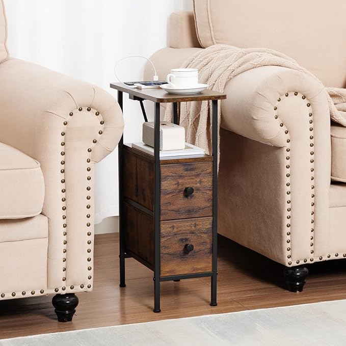 Narrow End Tables Living Room Set of 2 with Charging Station, Skinny Side Tab...