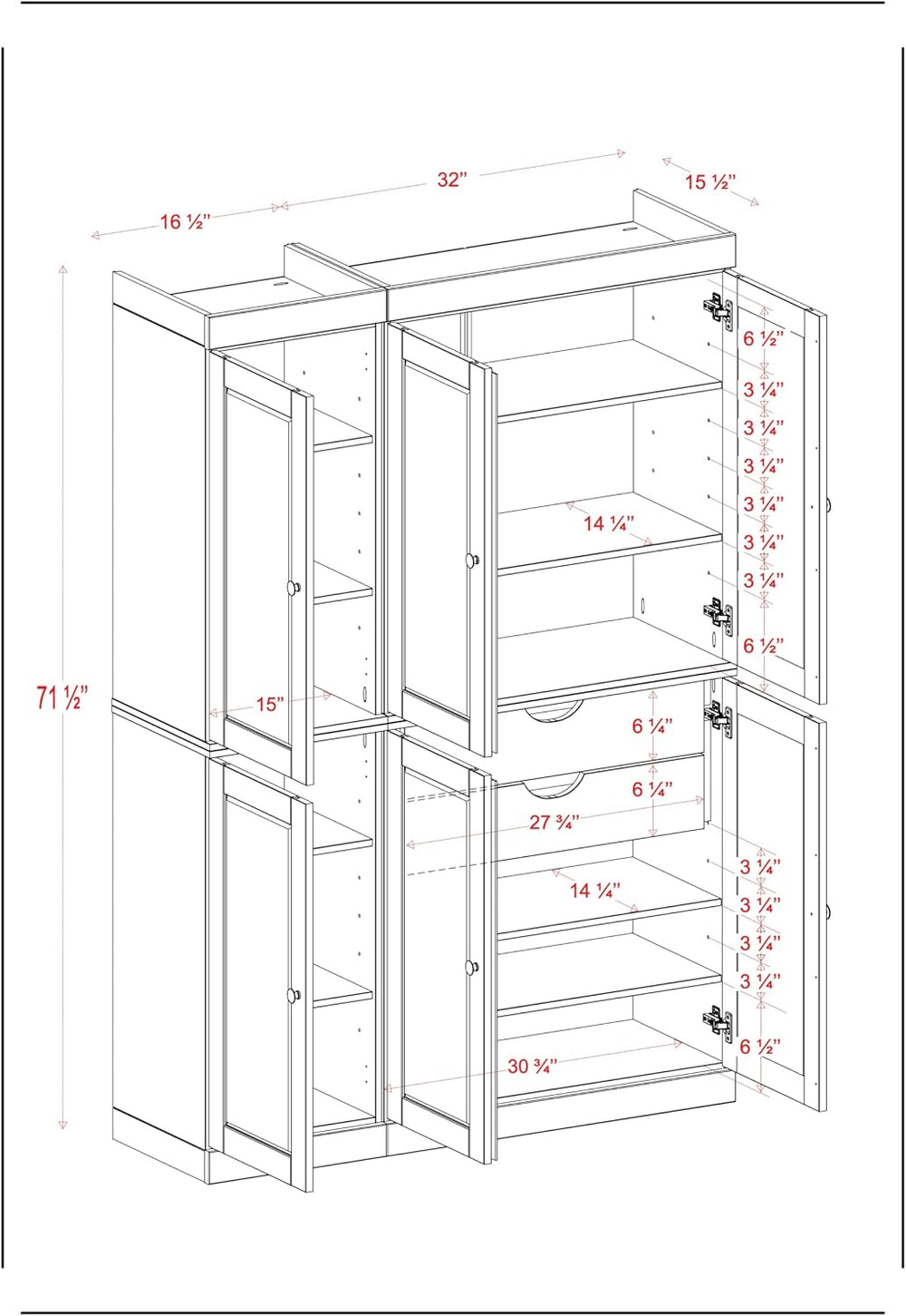 Palace Imports Solid Wood Kitchen Pantry Cabinet - 71.5" H x 48.5" ...