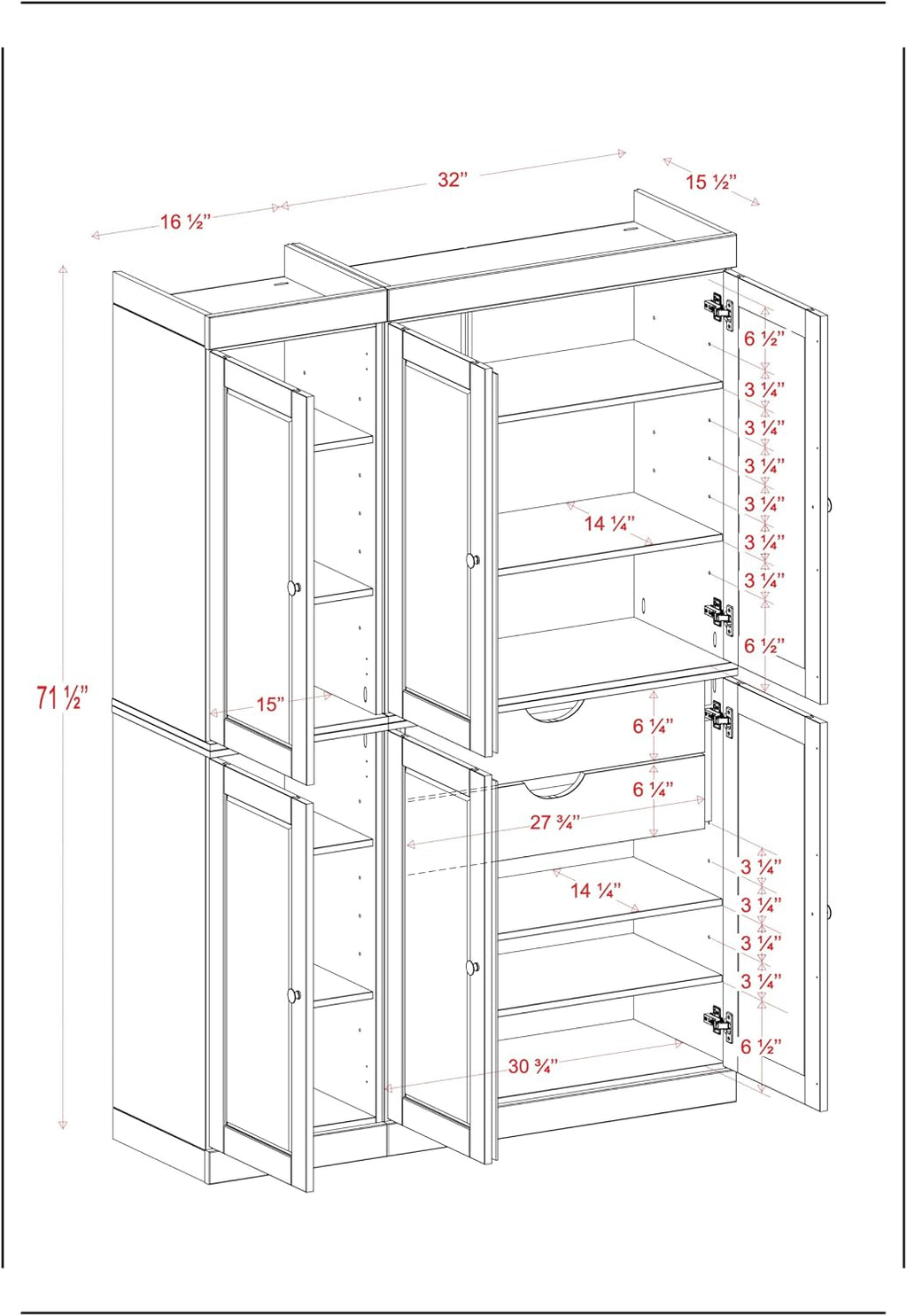 Palace Imports Solid Wood Kitchen Pantry Cabinet 71.5" Tall, 48.5" Wide – Storage Cabinet w/ 6 Shaker Doors, 2 Drawers & 8 Adjustable Shelves – Beige, 100% Renewable Eco-Friendly Wood, Made in Brazil