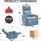 Anwick 360° Swivel Rocker Recliner Chair with Heat and Massage, Manual Upholstered Recliner for Small Spaces, Fabric Glider Nursery Chair with Side Pockets for Living Room (Blue)