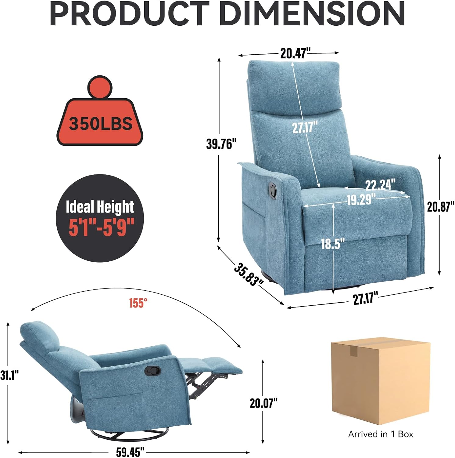 Anwick 360° Swivel Rocker Recliner Chair with Heat and Massage, Manual Upholstered Recliner for Small Spaces, Fabric Glider Nursery Chair with Side Pockets for Living Room (Blue)