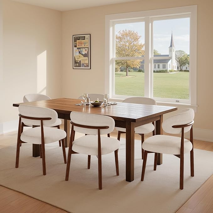 Farmhouse Dining Chairs Set of 6, Mid Century Modern Fabric Upholstered Kitchen Chairs, Wooden Dining Room Chair with Curved Back for Kitchen Dining Room Restaurant Cafe, Light Camel (Only Chairs)