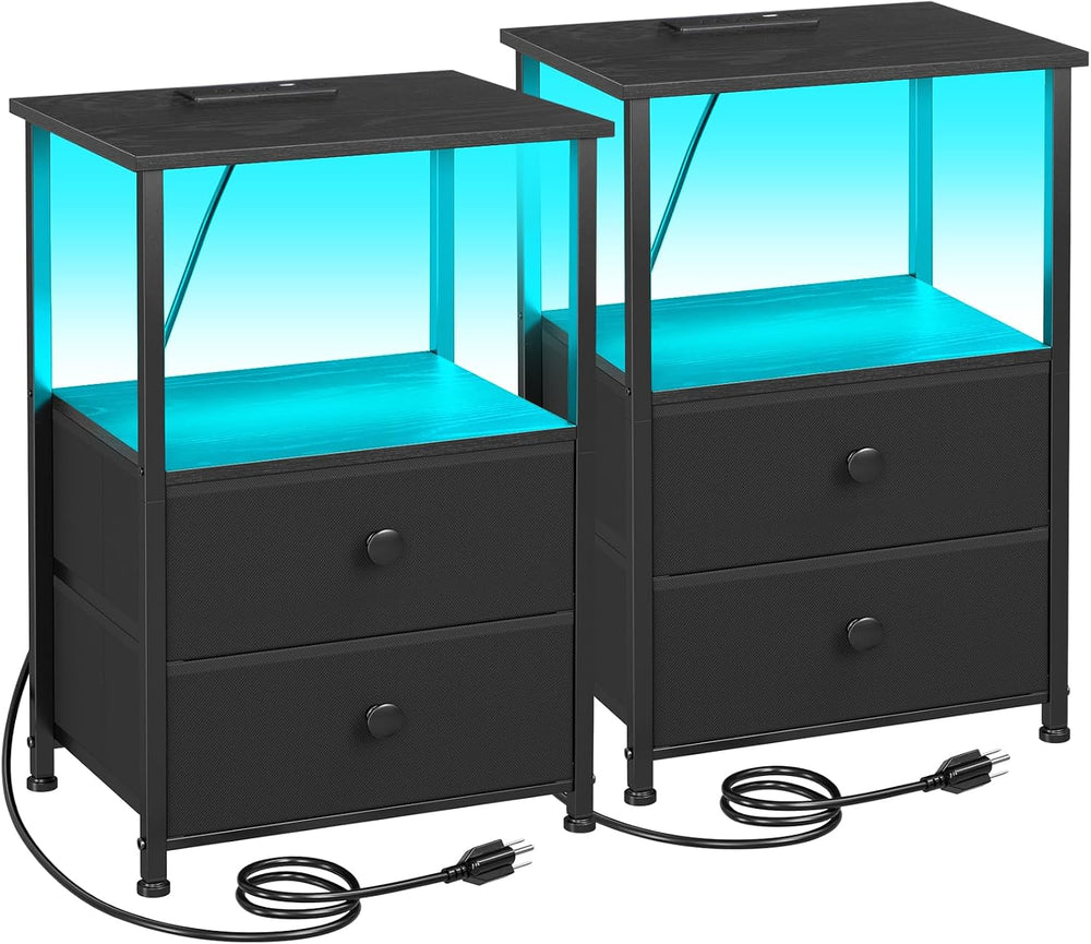 LOAKEKEL Nightstands Set of 2, LED Night Stand with Charging Station | Bedsid...