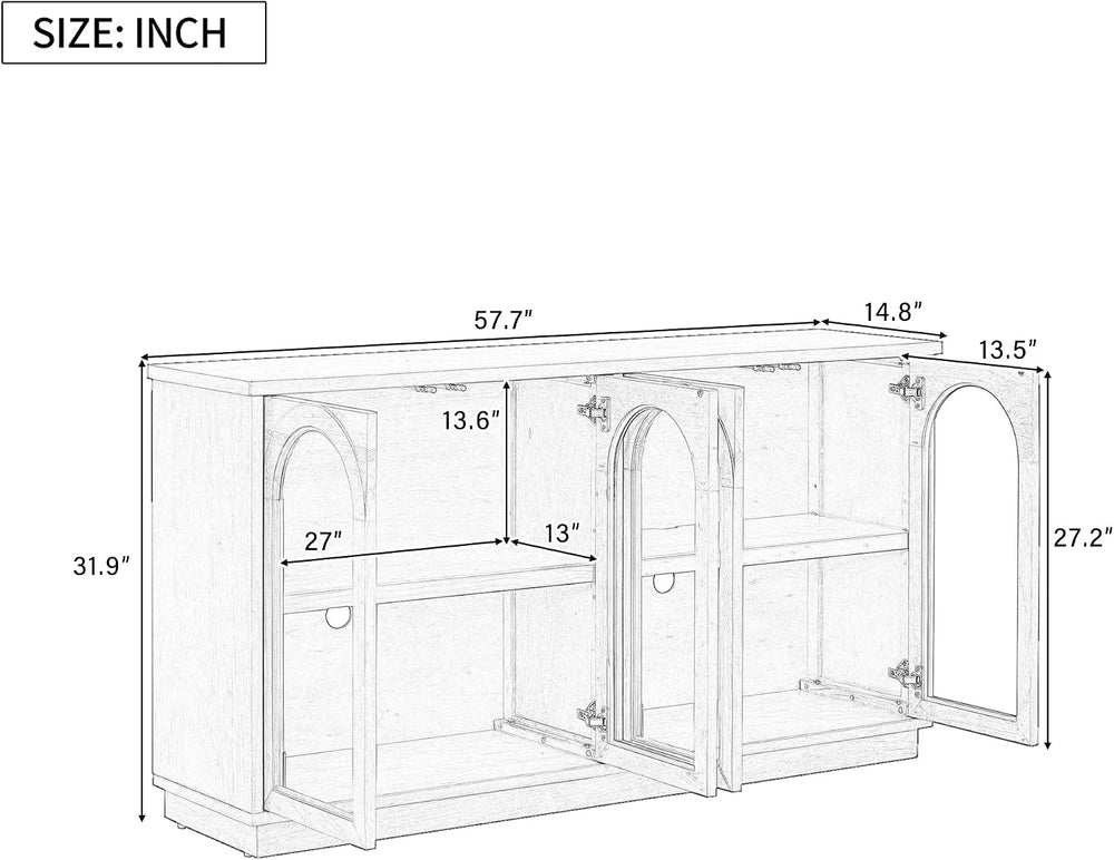 SOFTSEA Farmhouse 58" Sideboard with Adjustable Shelves, Glass Arch Buff...