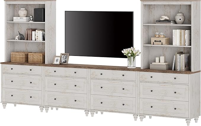 WAMPAT Entertainment Center with Bookshelves for TVs up to 75", Farmhouse Wall Unit TV Stand with Drawers, Media Console Table for Living Room, Bedroom & Home Theater, Rustic White
