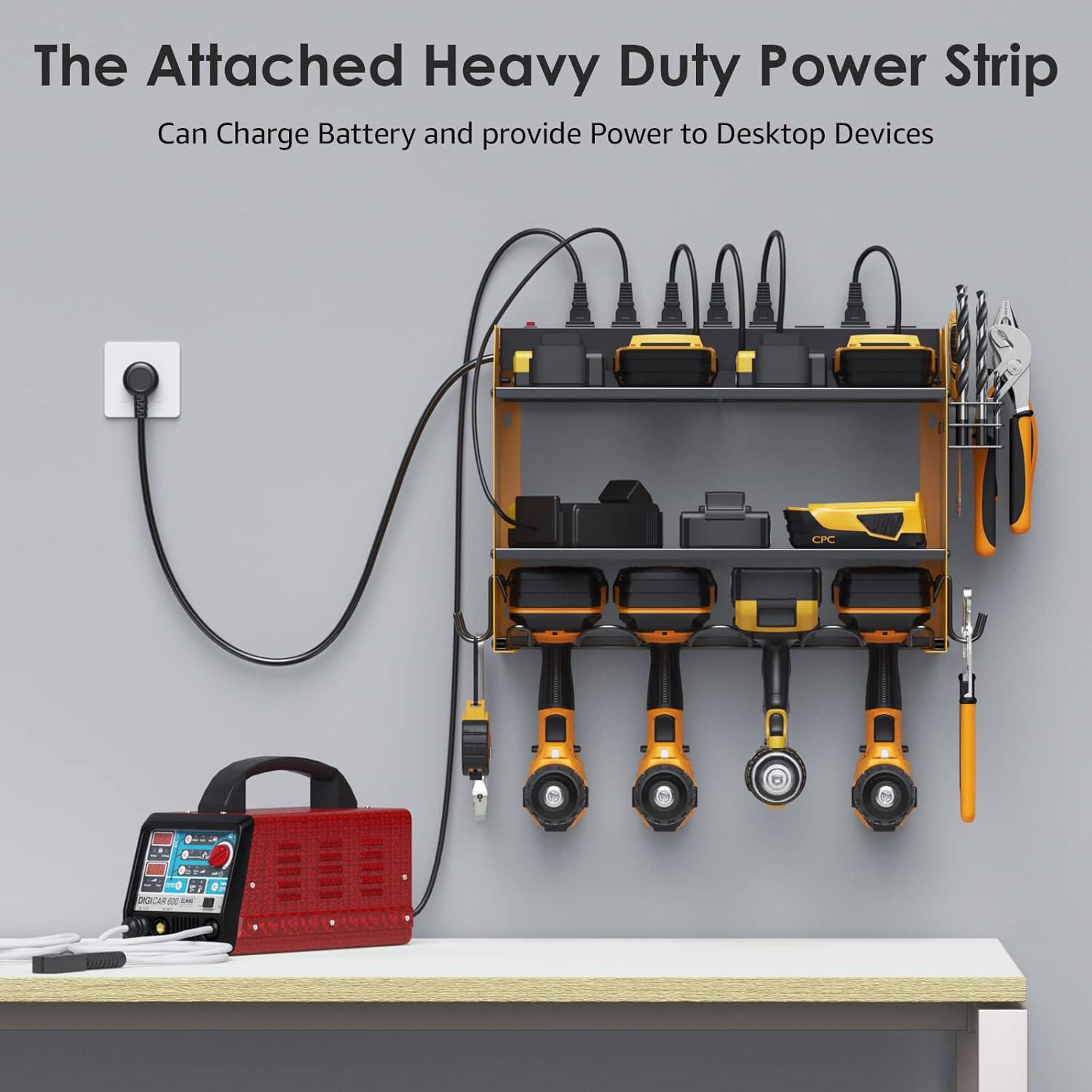 CCCEI Modular Power Tool Organizer Wall Mount with Charging Station. Garage Drill Storage Shelf with Hooks, Heavy Duty Rack, Tool Battery Holder Built in 8 Outlet. Gift for Men. Yellow, 2 Pack.