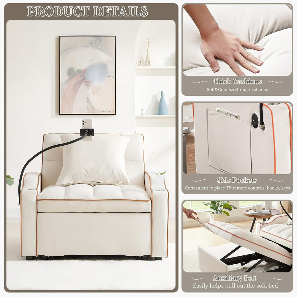 Convertible Single Sleeper Velvet Futon Sleeper Sofa Bed with Phone Holder &a...