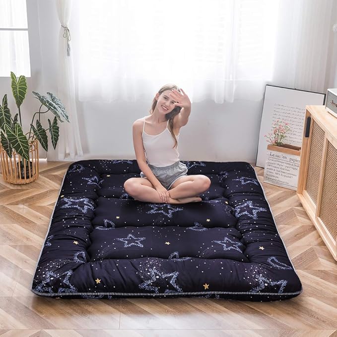 MAXYOYO Japanese Floor Mattress Futon Mattress, 4" Thicken Tatami Mat Sleeping Pad Foldable Roll Up Mat Boys Girls Dormitory Pad Kids Floor Lounger Pillow Bed, Charcoal Grey, Queen Size