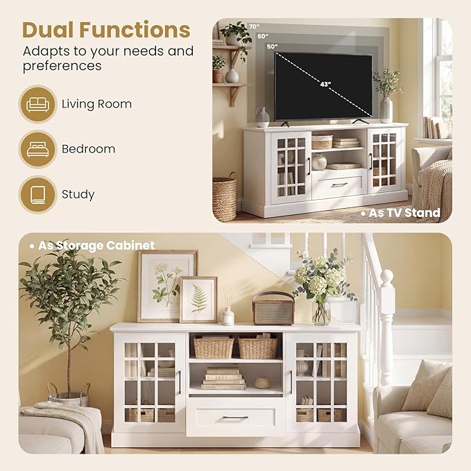 Giantex Farmhouse TV Stand for 65/70 Inch TV, Tall Entertainment Center with Storage Cabinets, Glass Doors, Drawer, Removable Shelves, Media TV Console Table for Living Room, Bedroom (White)
