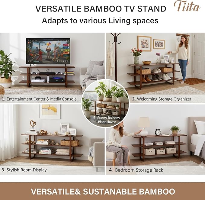 Tiita Wooden TV Stand for 65 Inch TV, Modern Media Console Table with 3-Tier Storage Shelves, Long Entertainment Center for Living Room, Walnut TV Stand with Open Display Rack