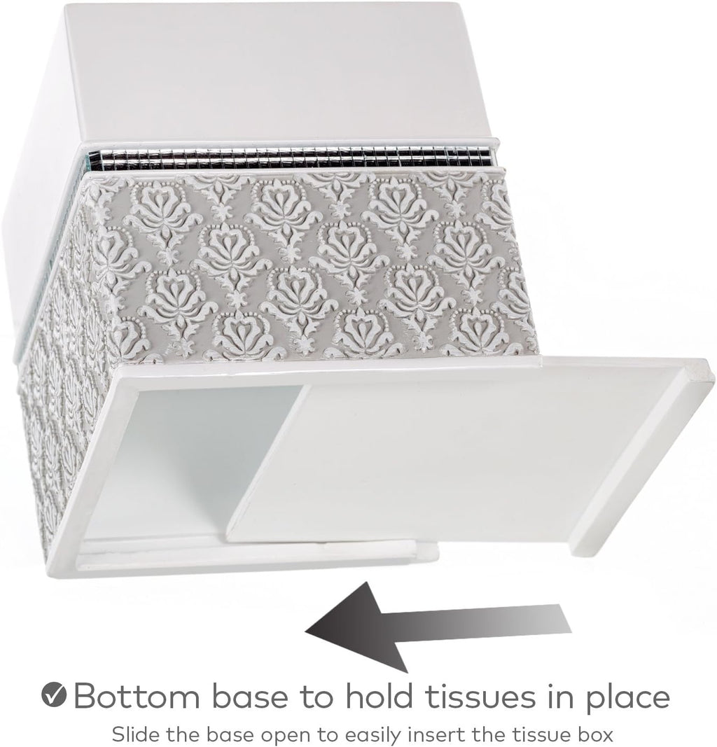Creative Scents Mirror Damask White and Gray Bathroom Accessories Set - 6 Piece Bathroom Accessory Set Includes: Trash Can, Tissue Box Cover, Soap Dispenser, Soap Dish, Toothbrush Holder & Tumbler