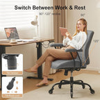 YFO Modern Ergonomic Office Desk Chair, Grey Leather with Lumbar Support, Adjustable Height, Swivel, Armrests, for Office, Gaming, Reading, Relaxing