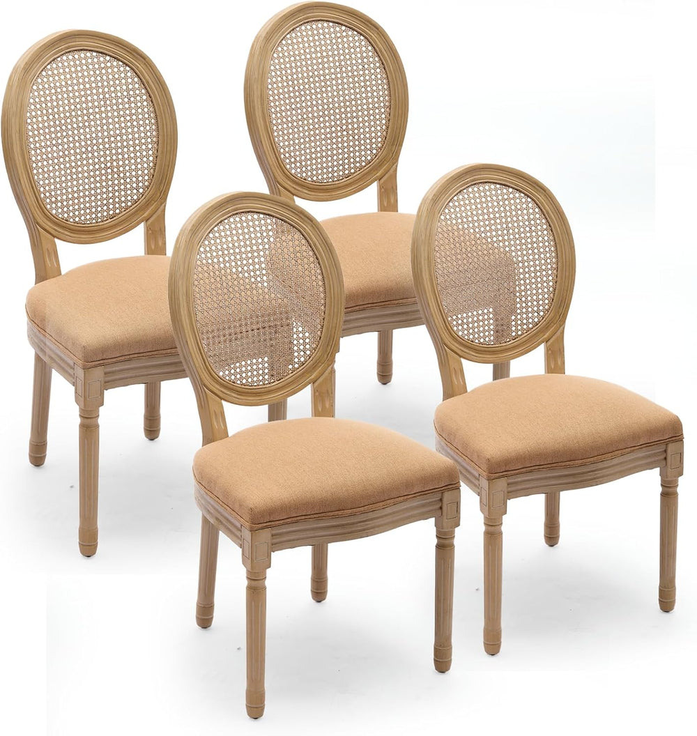 French Country Dining Chairs Set of 4,Upholstered Chairs with Rattan Round Ba...