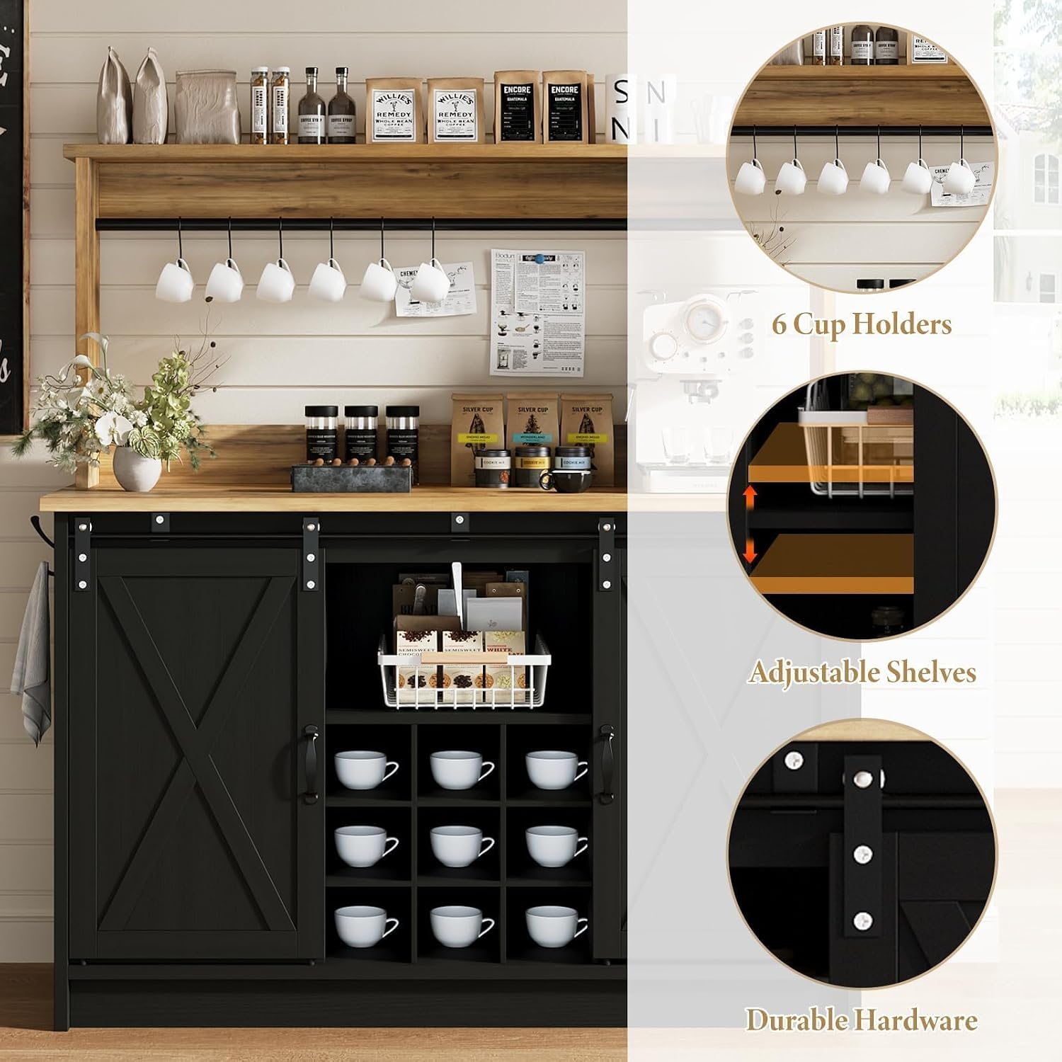 4ever2buy 47" Coffee Bar Cabinet with Storage Hutch & Wine Rack, Black | Coffee Bar Station with Sliding Barn Door, 7 Hooks and Adjustable Shelves for Kitchen, Dining Room, Living Room