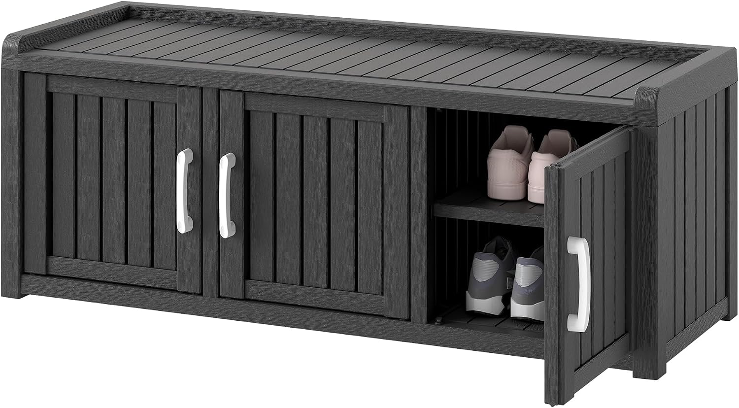 NUNU LAB Shoe Storage Cabinet, Waterproof Shoe Organizer with Adjustable Shelves, UV-Resistant Entryway Shoe Cabinet Bench with 3 Barn Doors for Indoor Outdoor, Foyer, Hallway, Living Room,Black