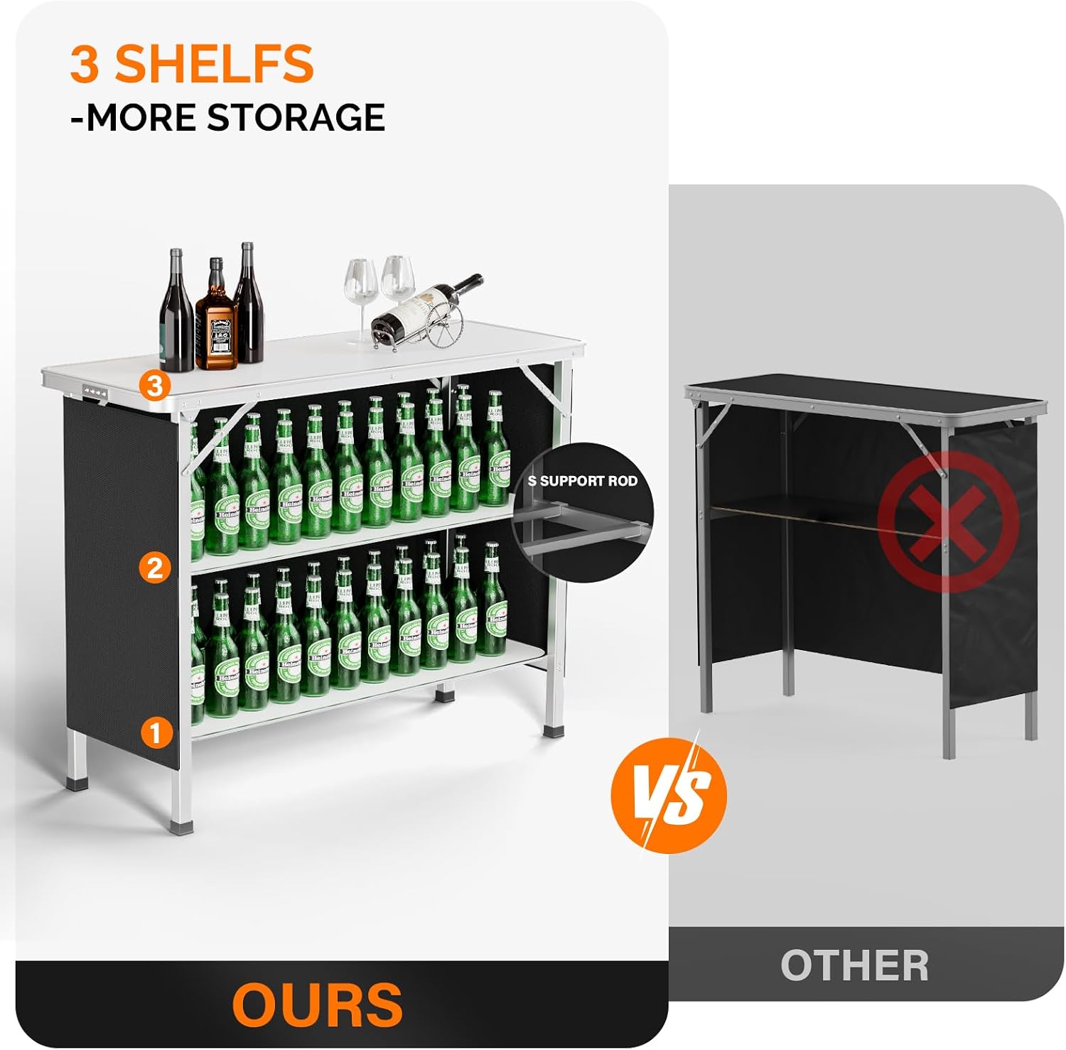VINGLI Portable Bar Table, 3-Tier Shelves, Mobile Bar Table for Events, Party, Camping, Picnic, Tradeshow, Indoor with Black Skirt, 39 "L x 34" H