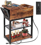 Flip Top End Table for Living Room, 28 inch Side Table, 12" D x 24" W x 28" H, Narrow Side Table with Drawer, 8.4" Deep Drawer, End Table with Charging Station, Steel X-Shaped Frame, Rustic Brown