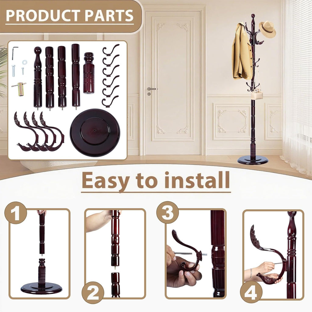Solid Wooden Coat Rack Stand, Coat Racks Freestanding with 14 Hooks, Natural Birch Wood Coat stands with Sturdy Round Base, Tree Coat Hanger Standing for Entryway Bedroom Office (Chi Bang)