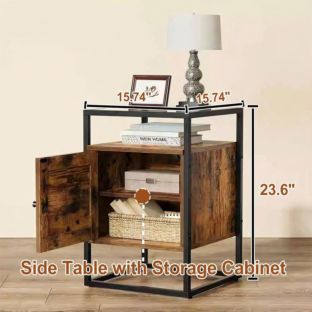 Side Table with 2 Tier Storage Cabinet, Small End Tables Wood Solid with Glas...